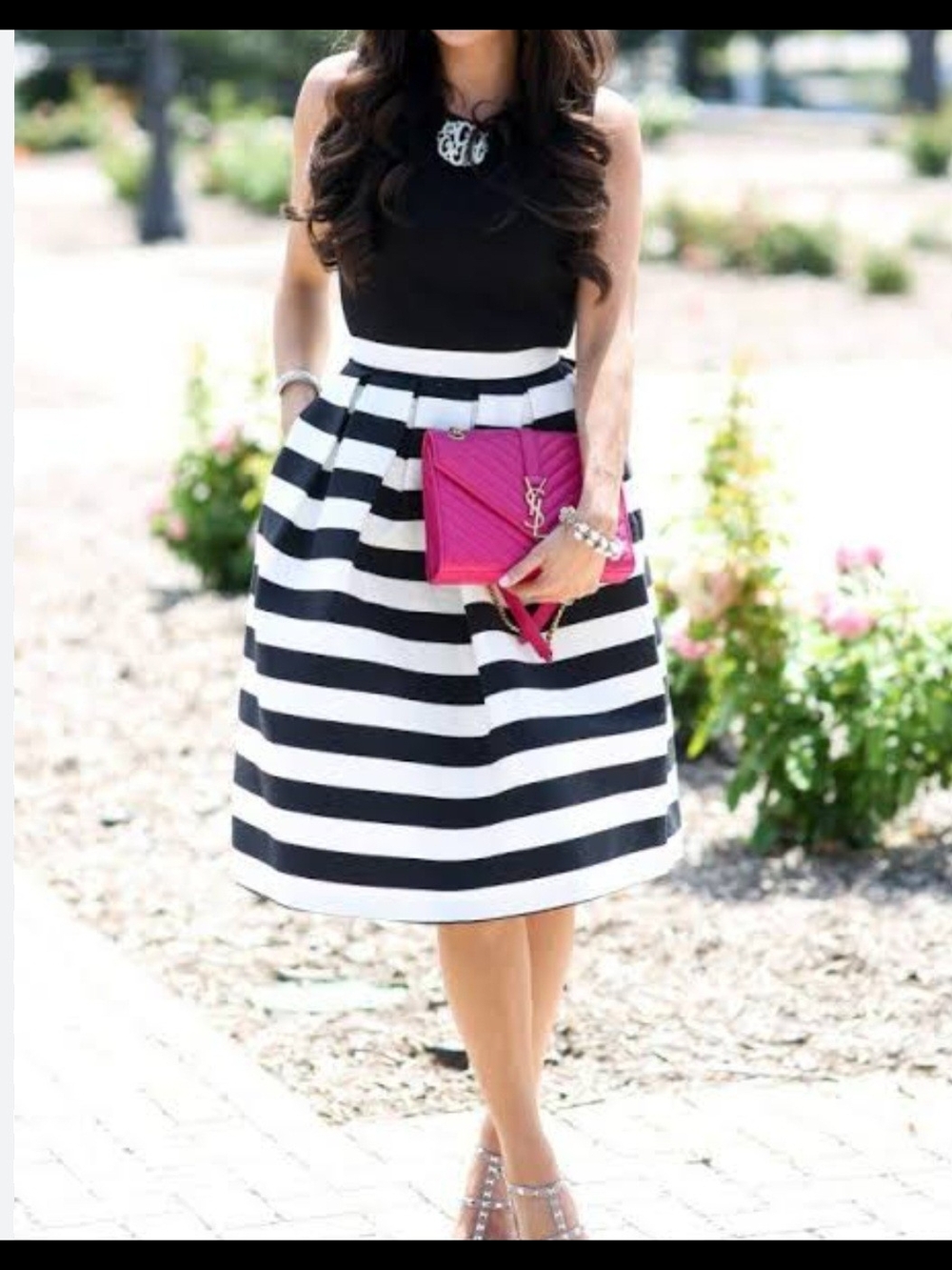 Boden Black and White Striped Pleated Midi Skirt